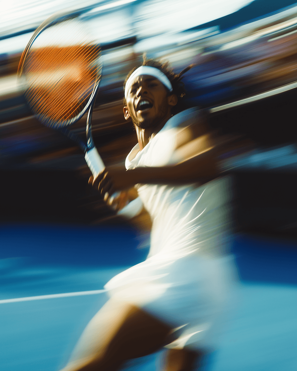Blurred tennis player mid-swing, motion blur on blue court.