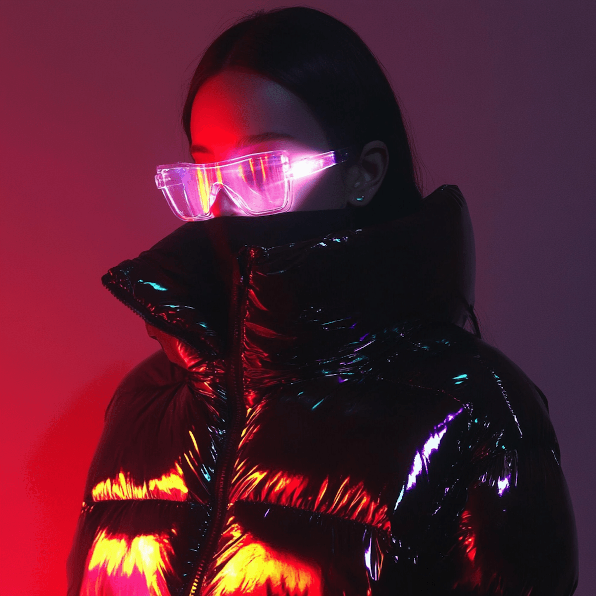 Person in a dark hoodie illuminated by red neon light, face partially covered.
